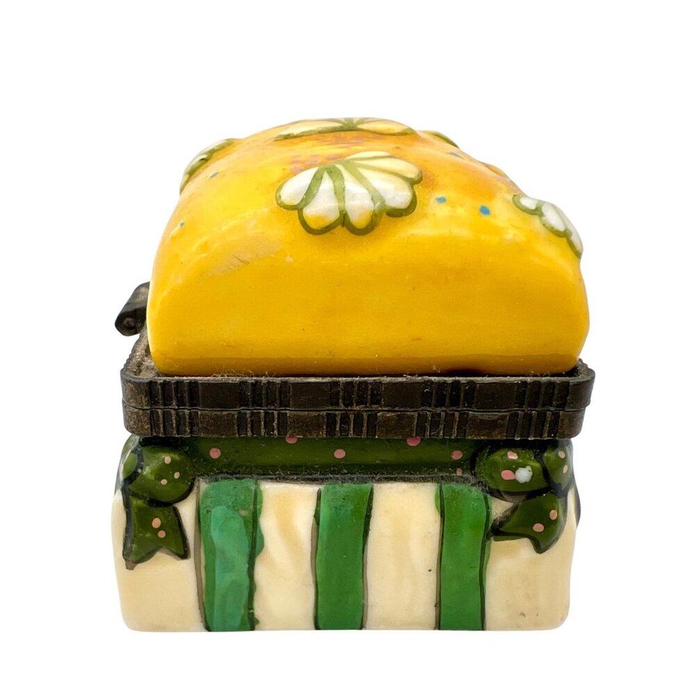 Hand-Painted Ceramic Trinket Box Yellow Floral Lid & Green Striped Dotted Base - Picture 6 of 8
